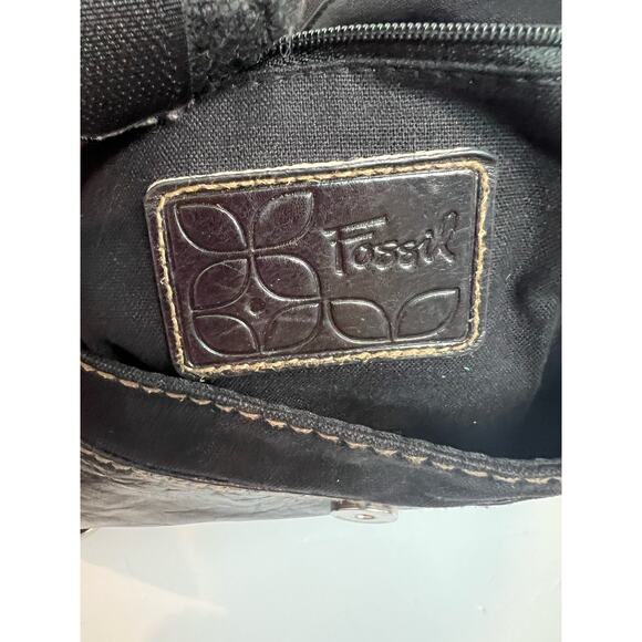 Fossil Lizette Black Leather and Cotton Crossbody Purse Bag Tote - Picture 11 of 14